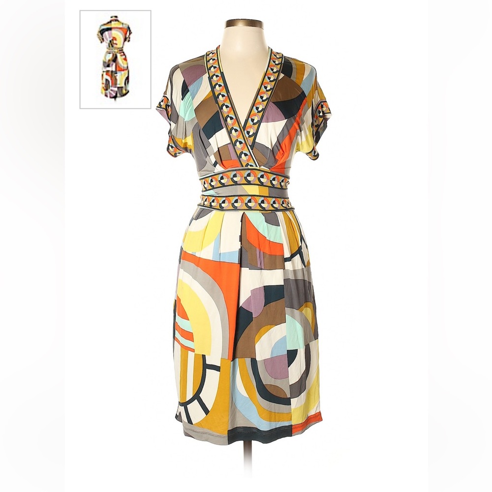 BCBGMAXAZRIA V-neck Casual Dress Stretchy yellow multicolored size XS or S